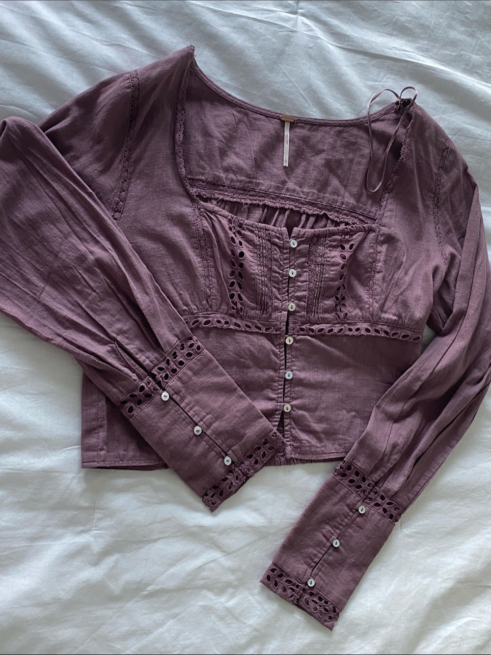 Free People Lace-Trim Button Front Blouse in Dusty Plum